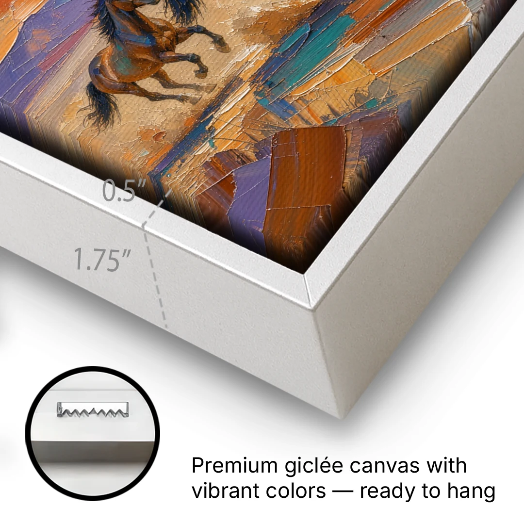 Wild Horses Painting Through Desert Dust - White Framed Canvas Wall Art - Gallery Wrap Corner