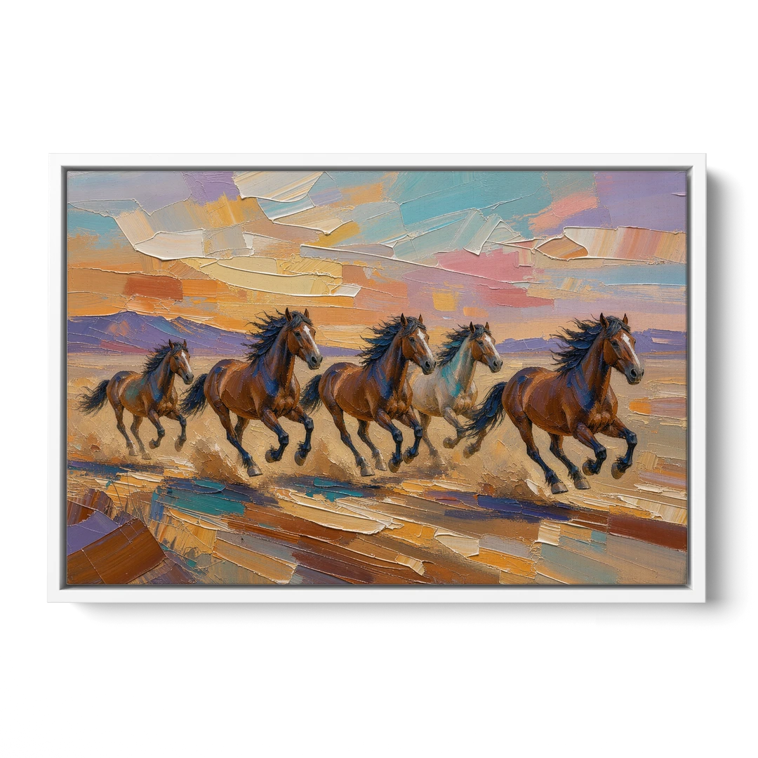 Wild Horses Painting Through Desert Dust - White Framed Canvas Wall Art - Front