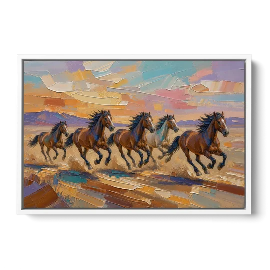 Wild Horses Painting Through Desert Dust - White Framed Canvas Wall Art - Front