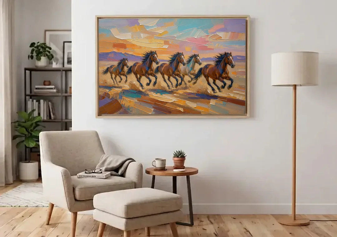 Wild Horses Painting Through Desert Dust canvas wall art above an armchair in a bright living room