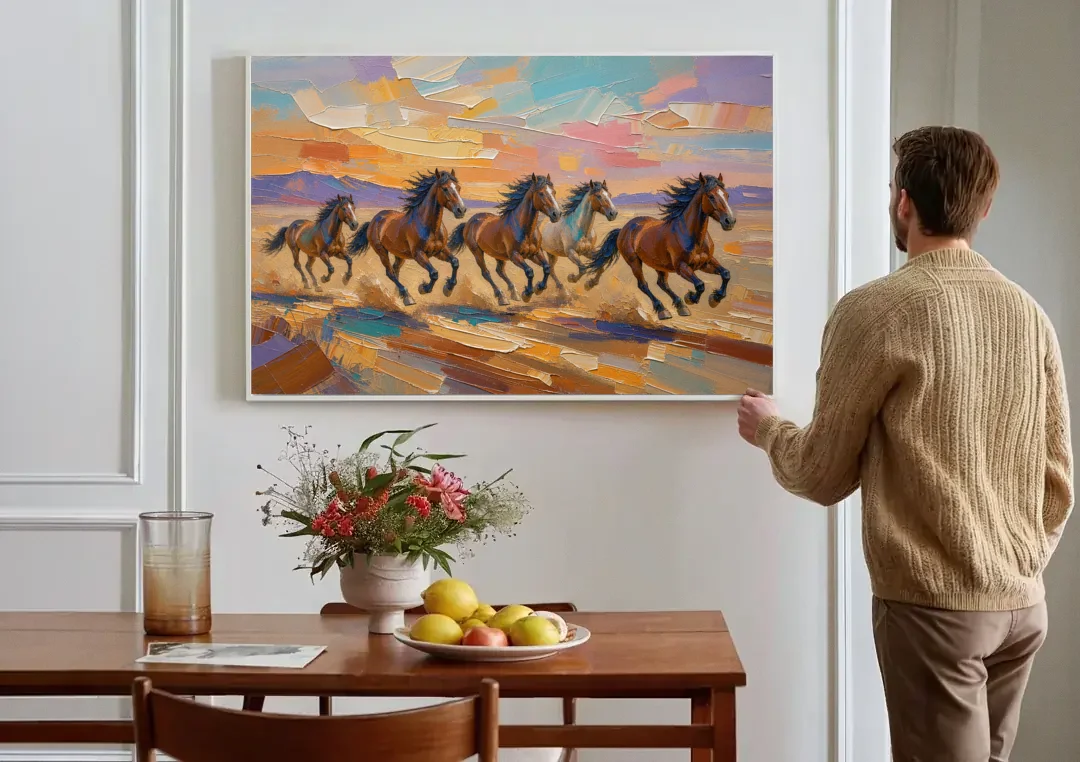 Wild Horses Painting Through Desert Dust canvas wall art above a dining table