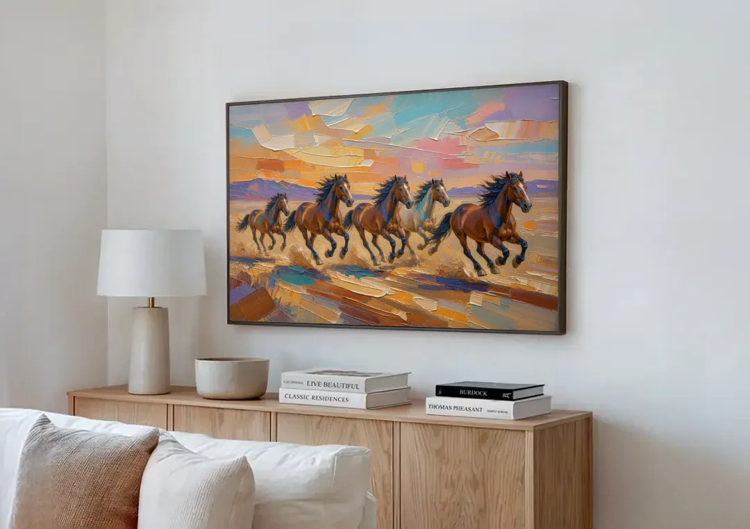 Wild Horses Painting Through Desert Dust canvas wall art above a wooden sideboard next to a sofa