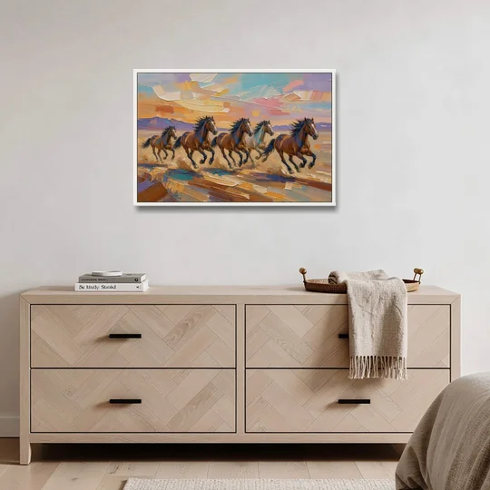 Wild Horses Painting Through Desert Dust - White Framed Canvas Wall Art - Coffee Table - 36x24