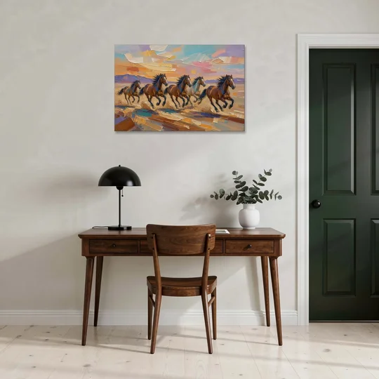 Wild Horses Painting Through Desert Dust - Canvas Wall Art - Office - 36x24
