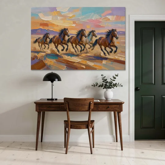 Wild Horses Painting Through Desert Dust - Canvas Wall Art - Office - 60x40