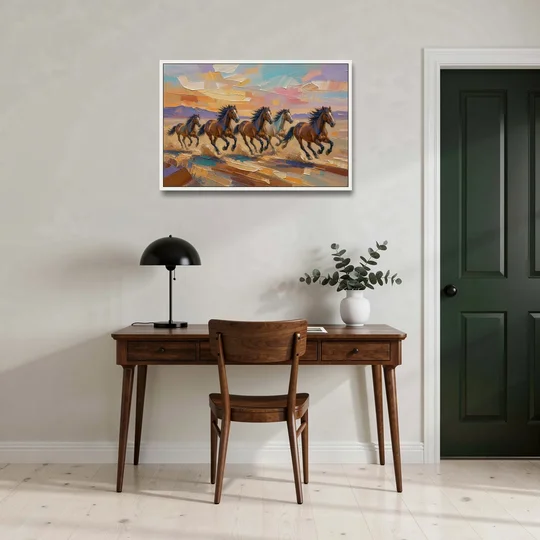 Wild Horses Painting Through Desert Dust - White Framed Canvas Wall Art - Office - 36x24