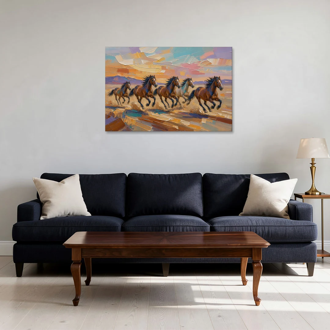 Wild Horses Painting Through Desert Dust - Canvas Wall Art - Sofa - 36x24