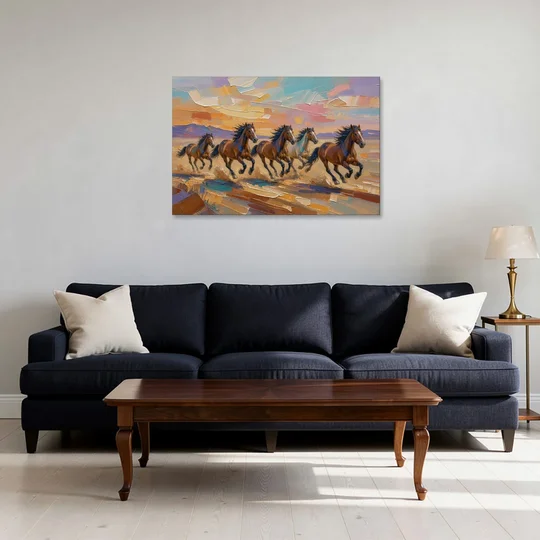 Wild Horses Painting Through Desert Dust - Canvas Wall Art - Sofa - 36x24