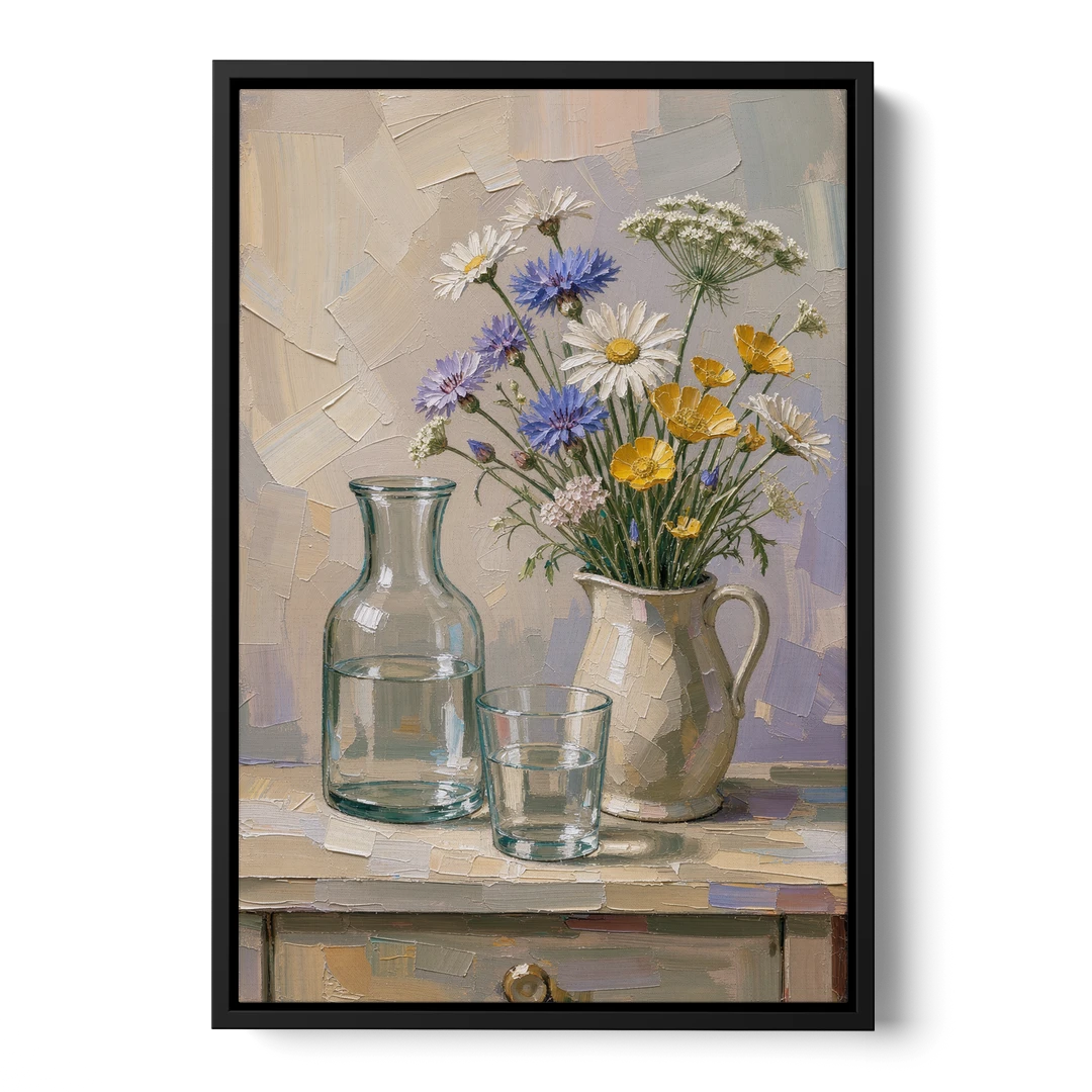 Wildflower Bouquet Painting with Water Carafe - Black Framed Canvas Wall Art - Front