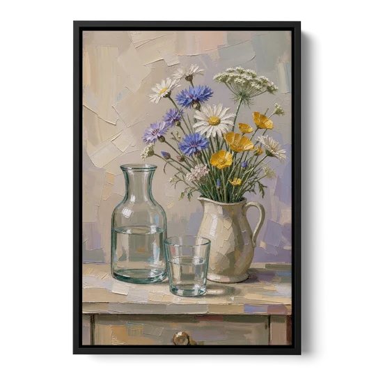 Wildflower Bouquet Painting with Water Carafe - Black Framed Canvas Wall Art - Front
