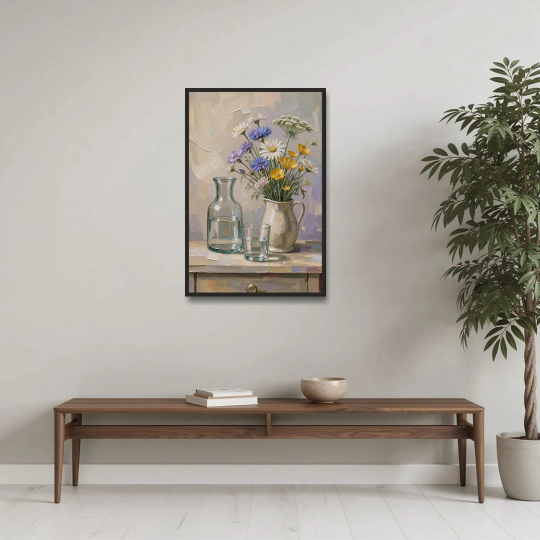 Wildflower Bouquet Painting with Water Carafe - Black Framed Canvas Wall Art - Coffee Table - 24x36