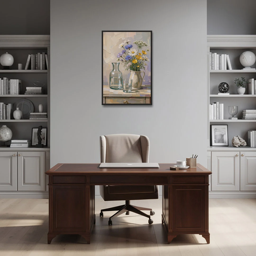 Wildflower Bouquet Painting with Water Carafe - Black Framed Canvas Wall Art - Office - 24x36