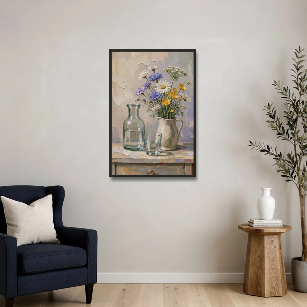 Wildflower Bouquet Painting with Water Carafe - Black Framed Canvas Wall Art - Sofa - 24x36