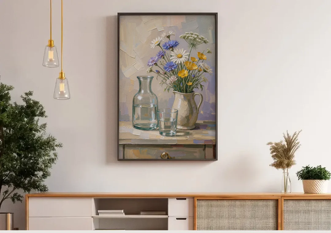 Wildflower Bouquet Painting with Water Carafe canvas wall art above a wooden sideboard under pendant lights