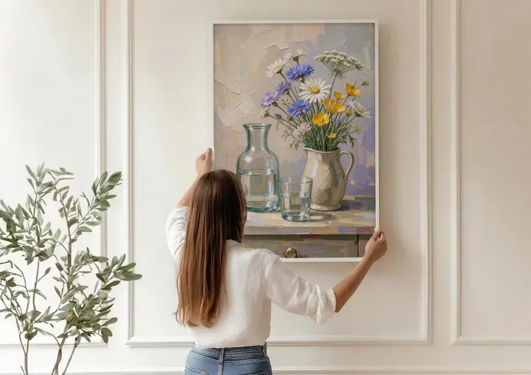 Wildflower Bouquet Painting with Water Carafe canvas wall art being hung on a paneled wall