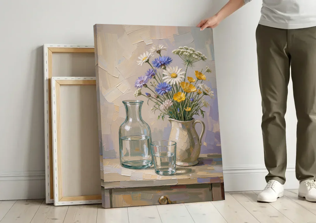 Wildflower Bouquet Painting with Water Carafe canvas wall art leaning against a wall next to blank canvases