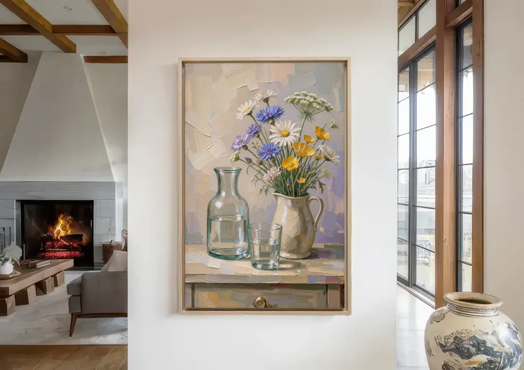 Wildflower Bouquet Painting with Water Carafe canvas wall art in a living room with a fireplace
