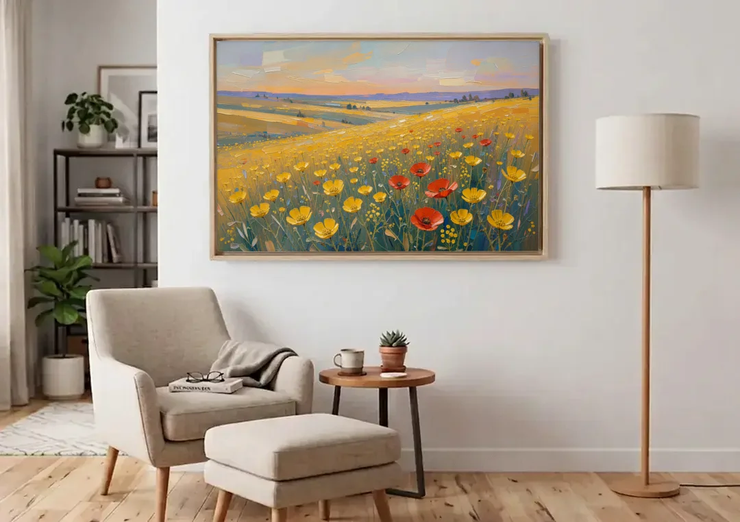 Wildflower Canvas Art of Buttercups and Red Poppies canvas wall art above an armchair in a bright living room