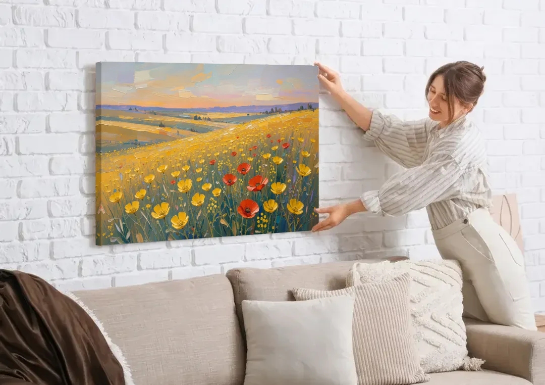 Wildflower Canvas Art of Buttercups and Red Poppies canvas wall art being hung on a white brick wall above a sofa