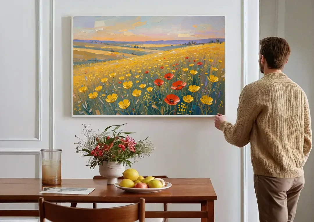 Wildflower Canvas Art of Buttercups and Red Poppies canvas wall art above a dining table