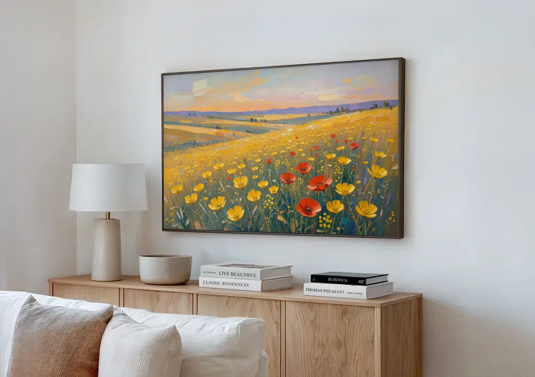 Wildflower Canvas Art of Buttercups and Red Poppies canvas wall art above a wooden sideboard next to a sofa