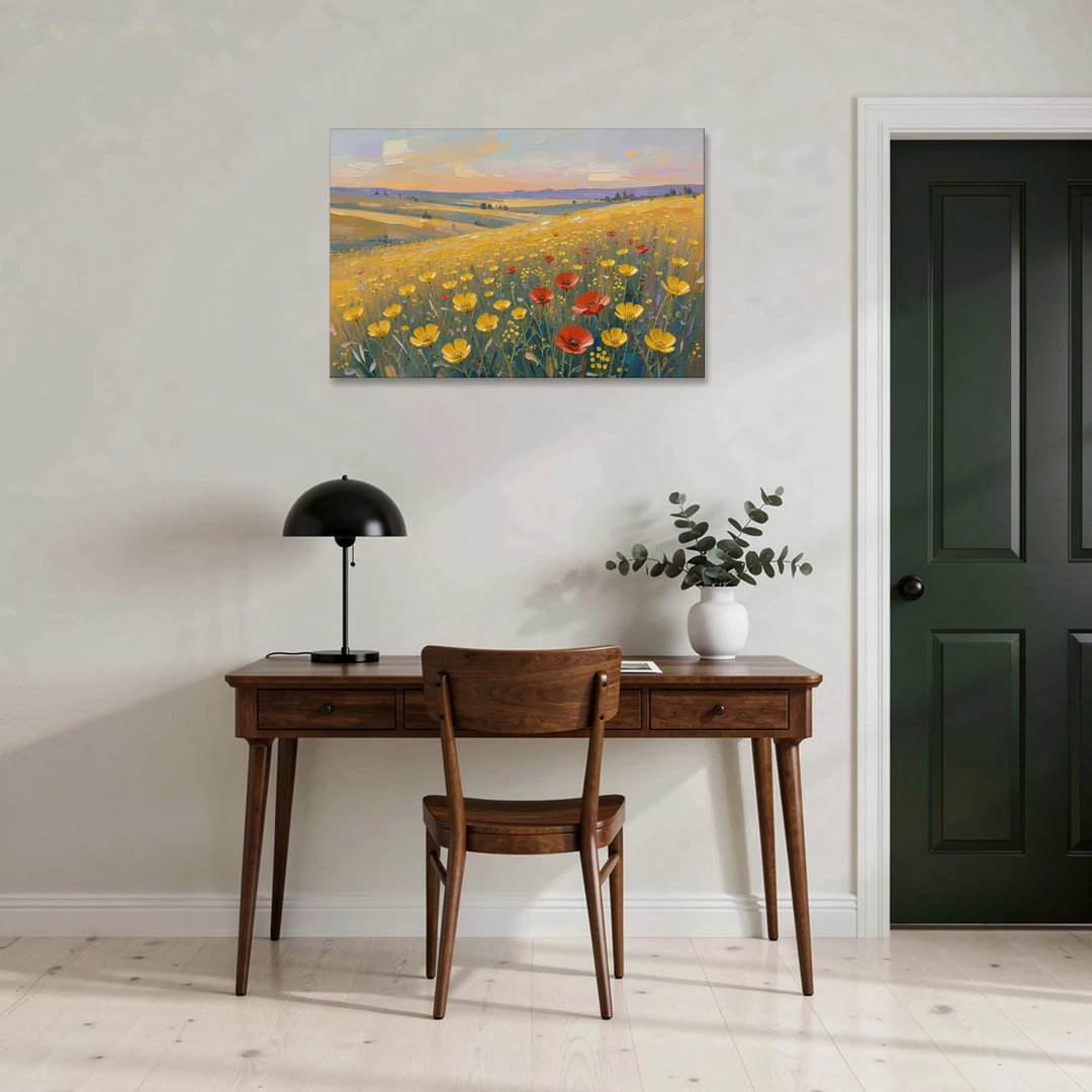 Wildflower Canvas Art of Buttercups and Red Poppies - Canvas Wall Art - Office - 36x24