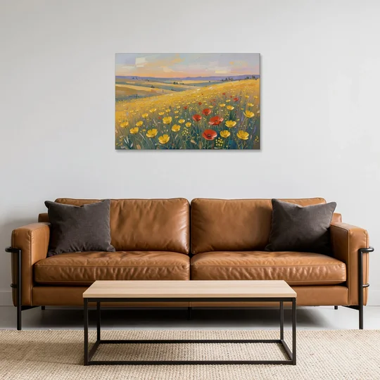 Wildflower Canvas Art of Buttercups and Red Poppies - Canvas Wall Art - Sofa - 36x24
