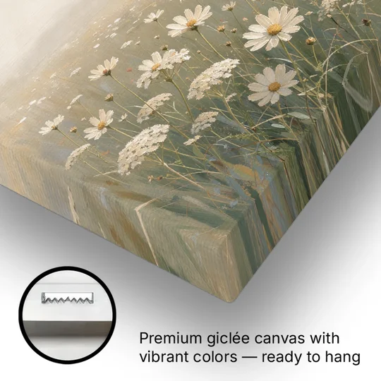Wildflower Meadow Painting in Morning Mist - Canvas Wall Art - Gallery Wrap Corner