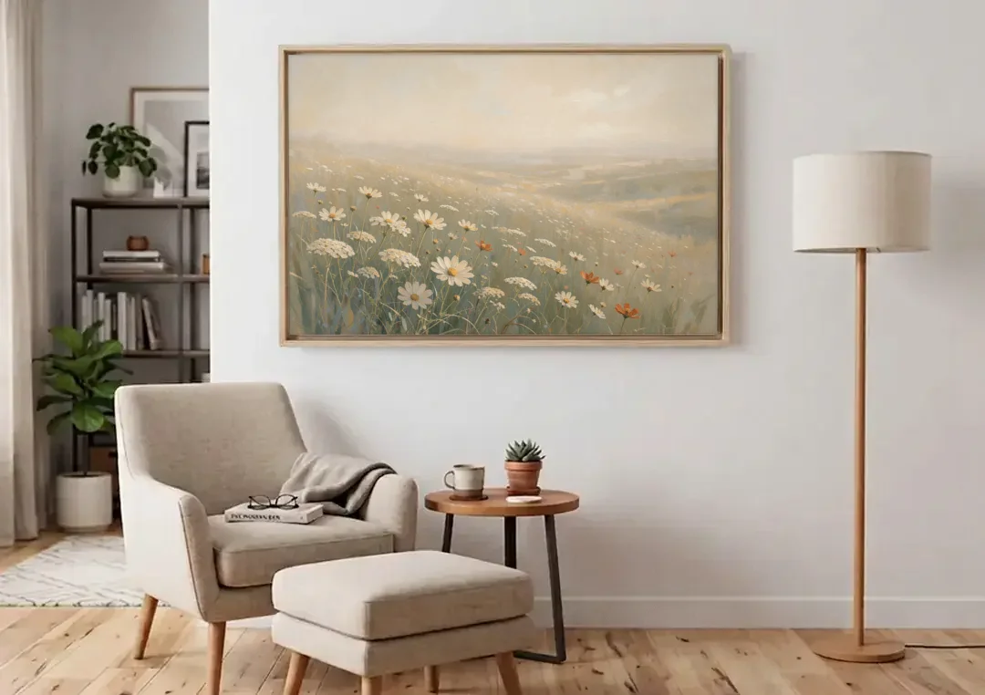 Wildflower Meadow Painting in Morning Mist canvas wall art above an armchair in a bright living room