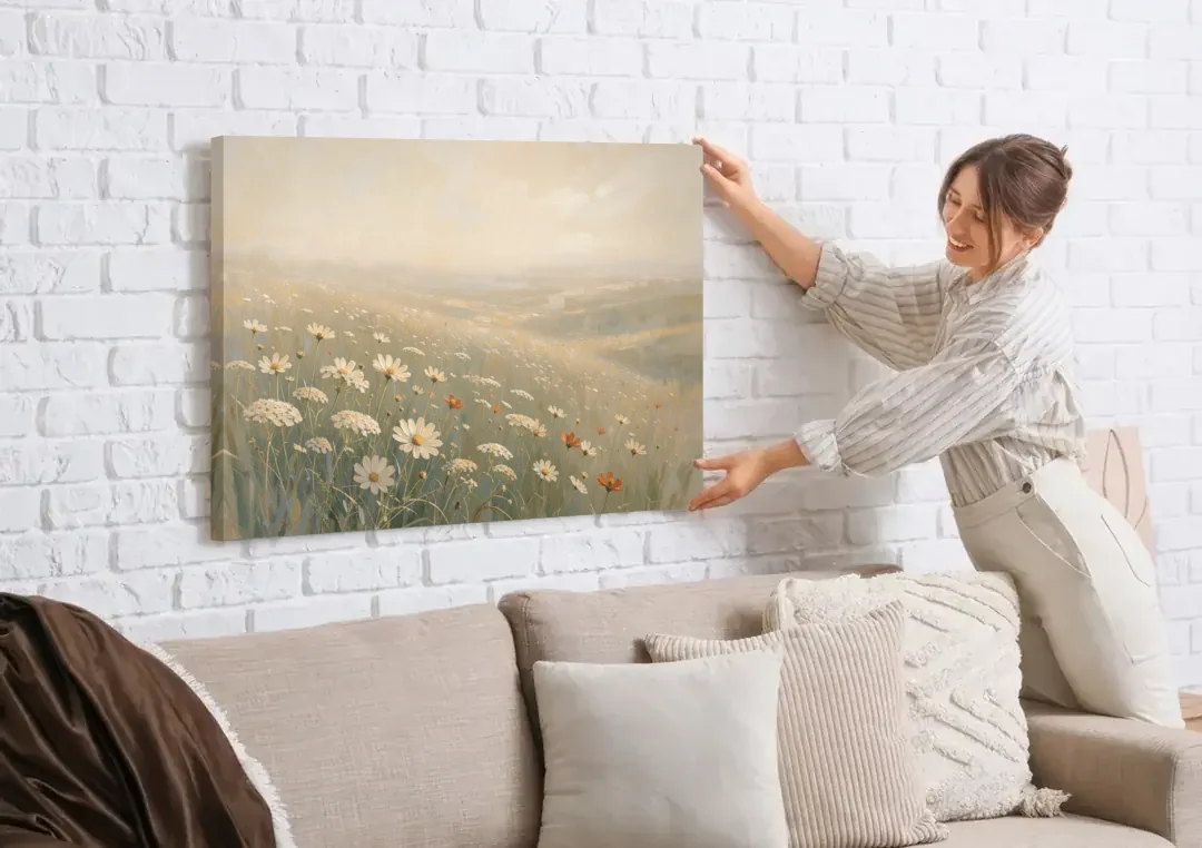 Wildflower Meadow Painting in Morning Mist canvas wall art being hung on a white brick wall above a sofa