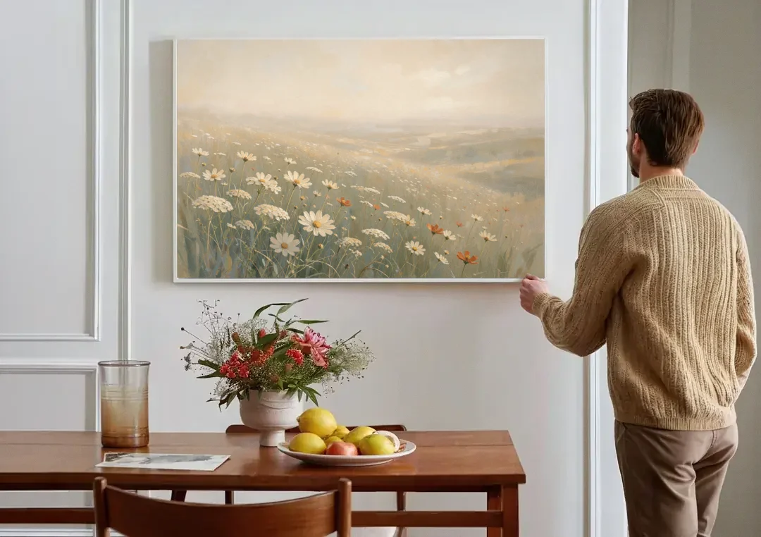 Wildflower Meadow Painting in Morning Mist canvas wall art above a dining table