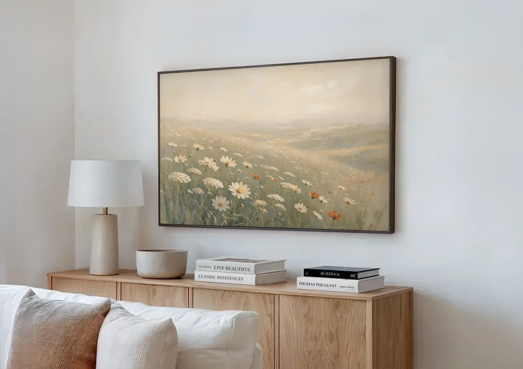 Wildflower Meadow Painting in Morning Mist canvas wall art above a wooden sideboard next to a sofa