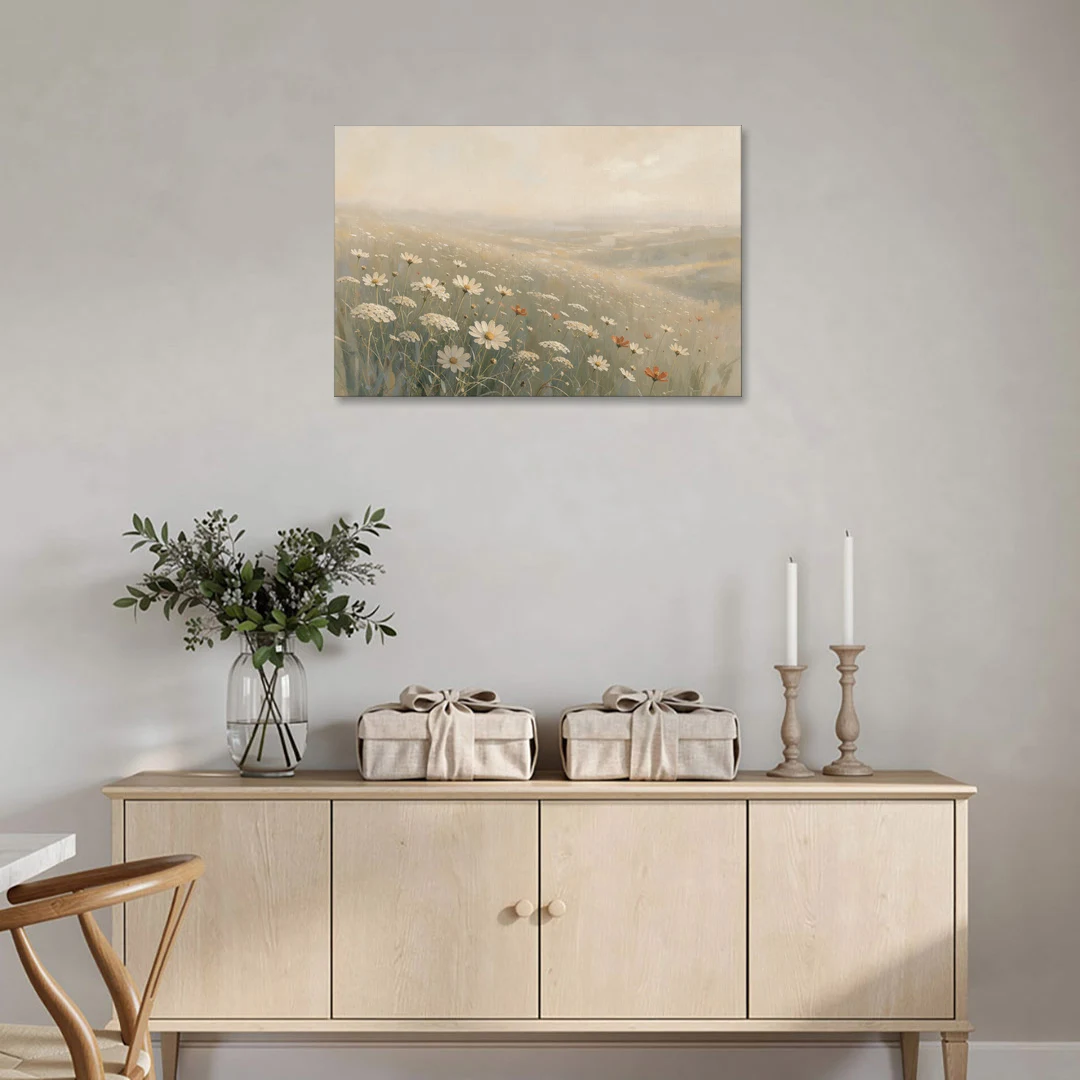 Wildflower Meadow Painting in Morning Mist - Canvas Wall Art - Coffee Table - 36x24