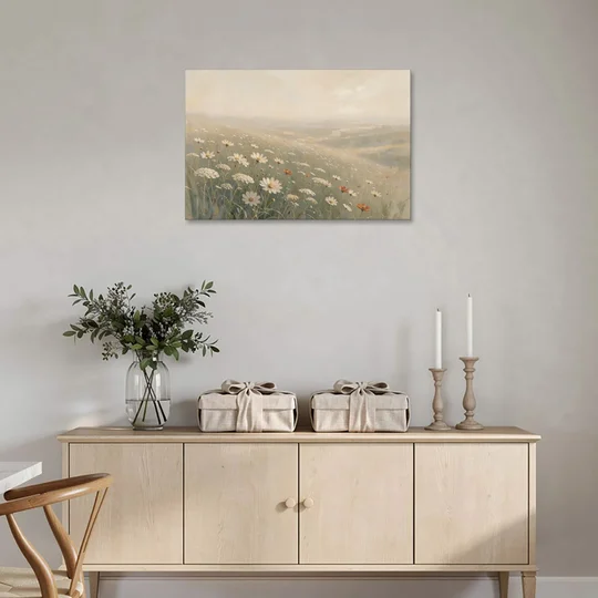 Wildflower Meadow Painting in Morning Mist - Canvas Wall Art - Coffee Table - 36x24