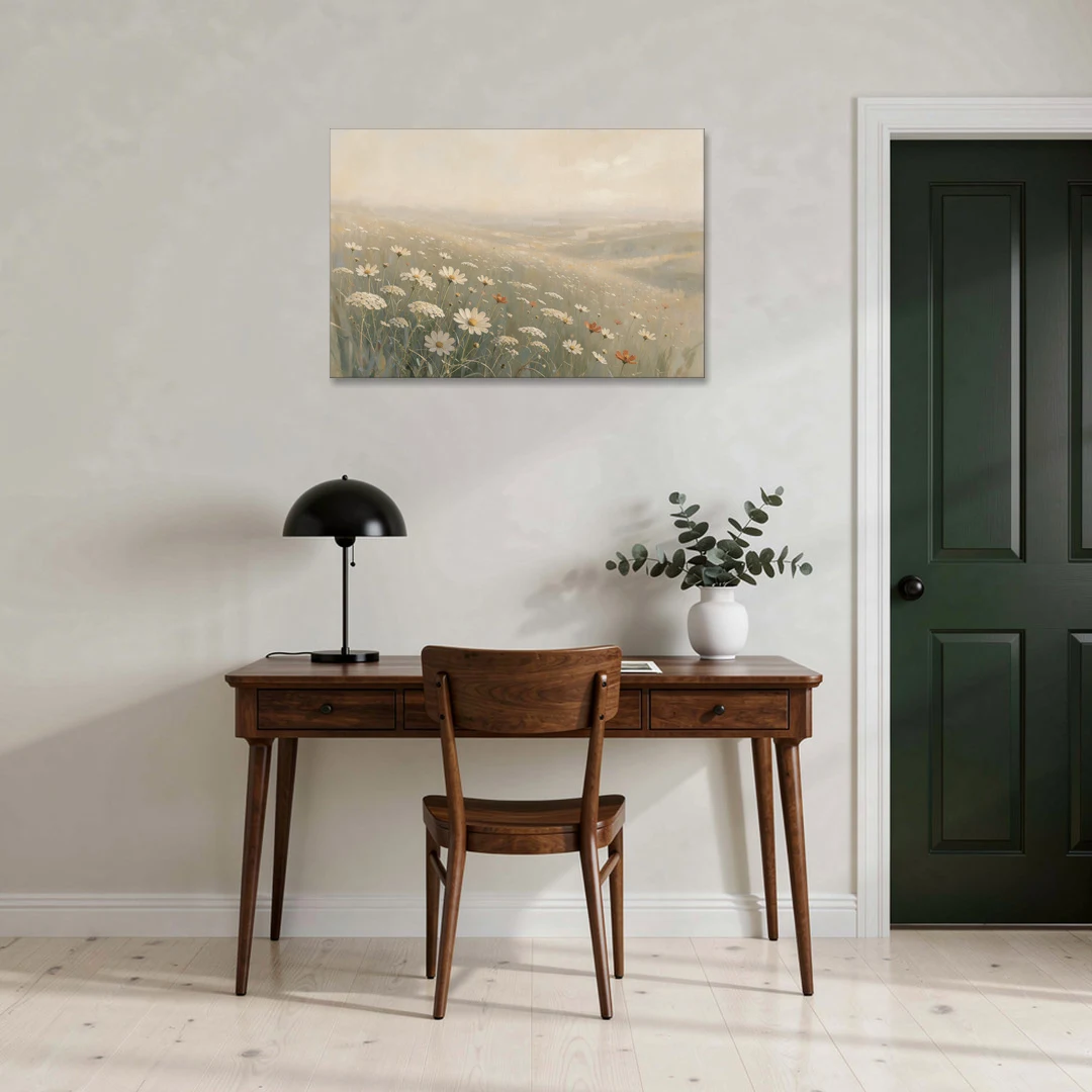 Wildflower Meadow Painting in Morning Mist - Canvas Wall Art - Office - 36x24