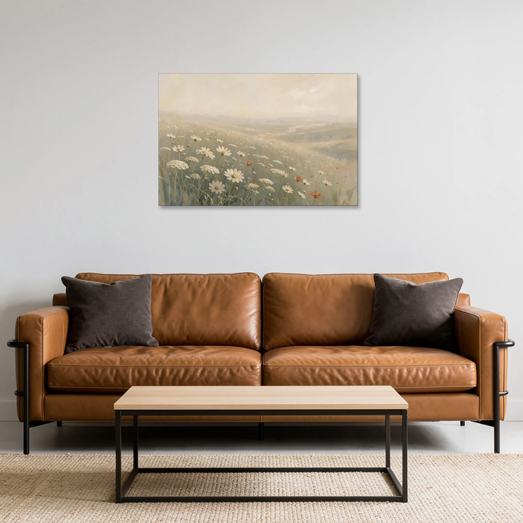 Wildflower Meadow Painting in Morning Mist - Canvas Wall Art - Sofa - 36x24