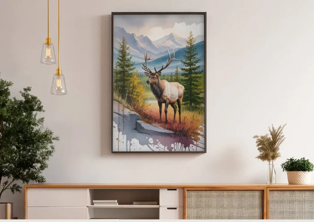 Wildlife of Jasper canvas wall art above a wooden sideboard under pendant lights