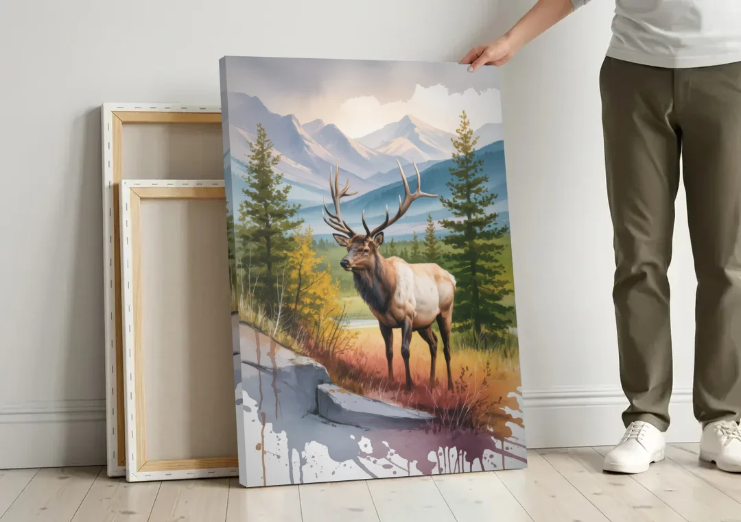 Wildlife of Jasper canvas wall art leaning against a wall next to blank canvases