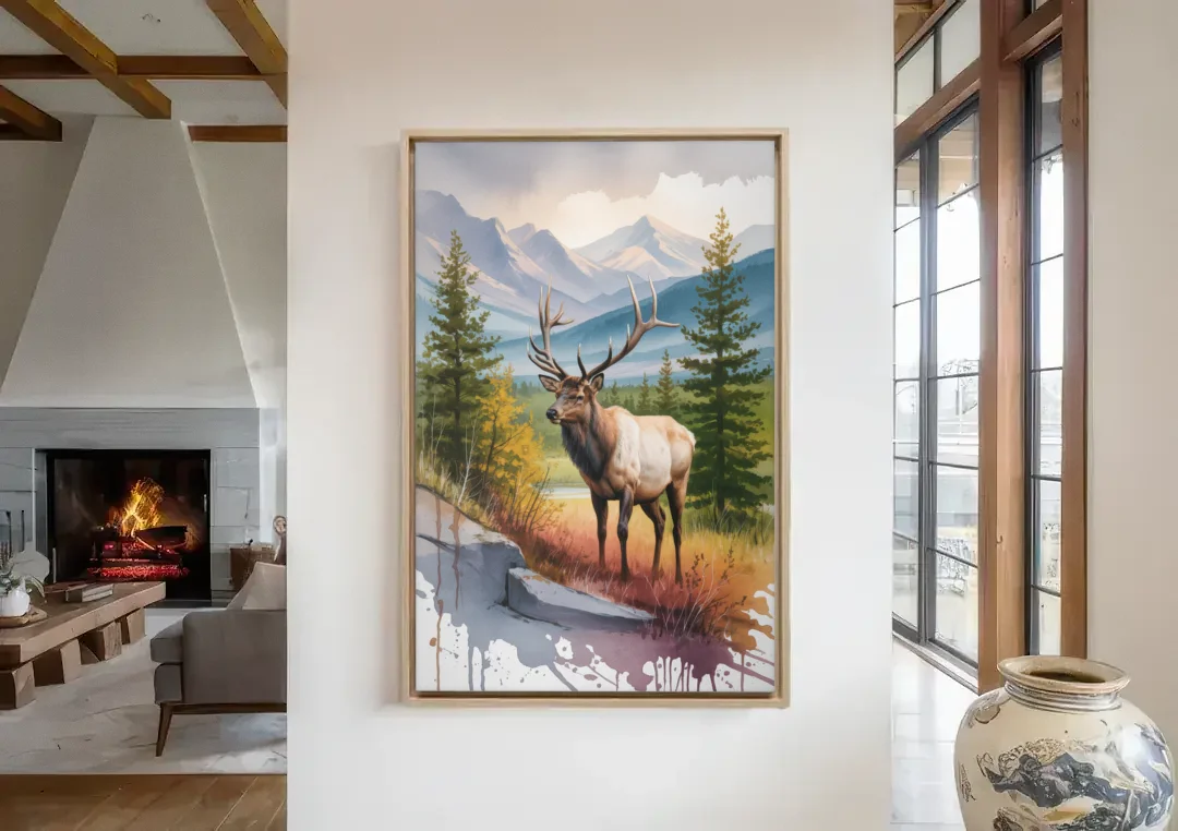 Wildlife of Jasper canvas wall art in a living room with a fireplace