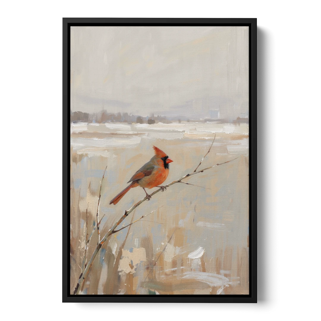 Neutral Christmas Willow Twig Cardinal - Black Framed Canvas Wall Art - Front