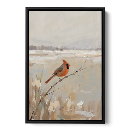 Neutral Christmas Willow Twig Cardinal - Black Framed Canvas Wall Art - Front