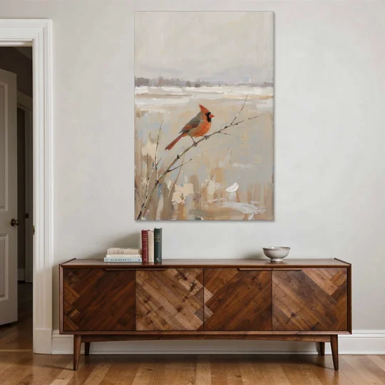 Neutral Christmas Willow Twig Cardinal - Canvas Wall Art - Coffee Table - 40x60
