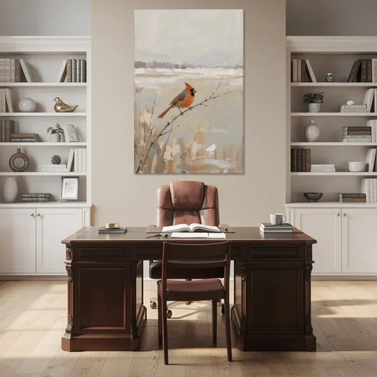 Neutral Christmas Willow Twig Cardinal - Canvas Wall Art - Office - 40x60