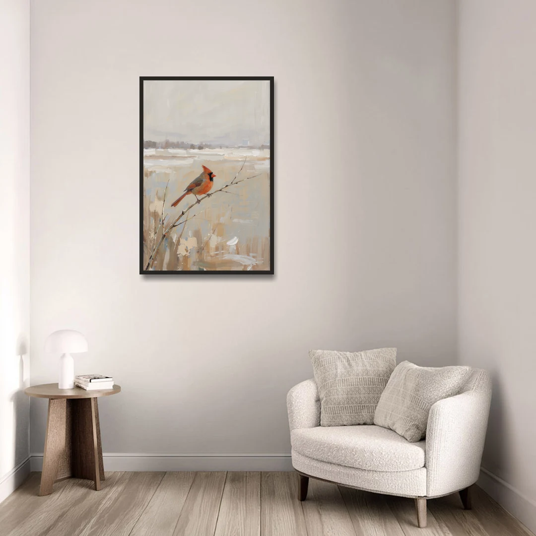 Neutral Christmas Willow Twig Cardinal - Black Framed Canvas Wall Art - Sofa - 24x36