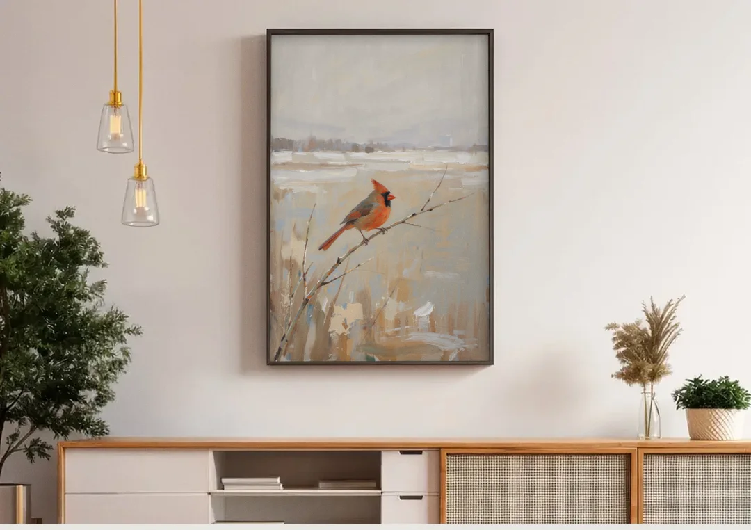 Neutral Christmas Willow Twig Cardinal canvas wall art above a wooden sideboard under pendant lights