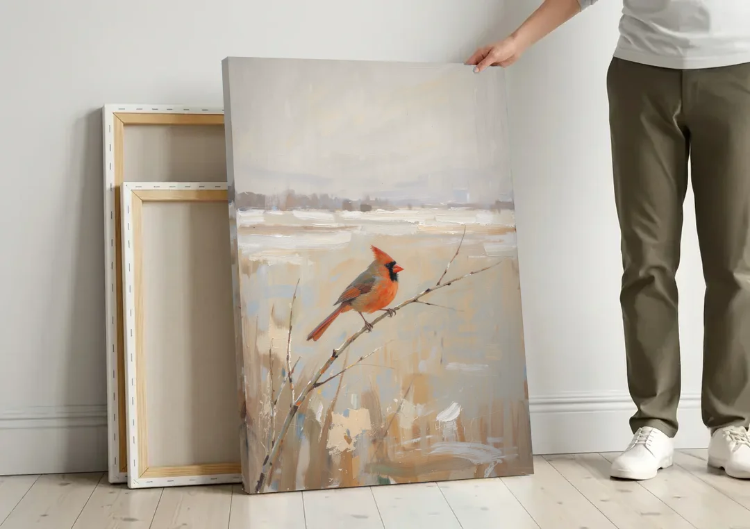Neutral Christmas Willow Twig Cardinal canvas wall art leaning against a wall next to blank canvases