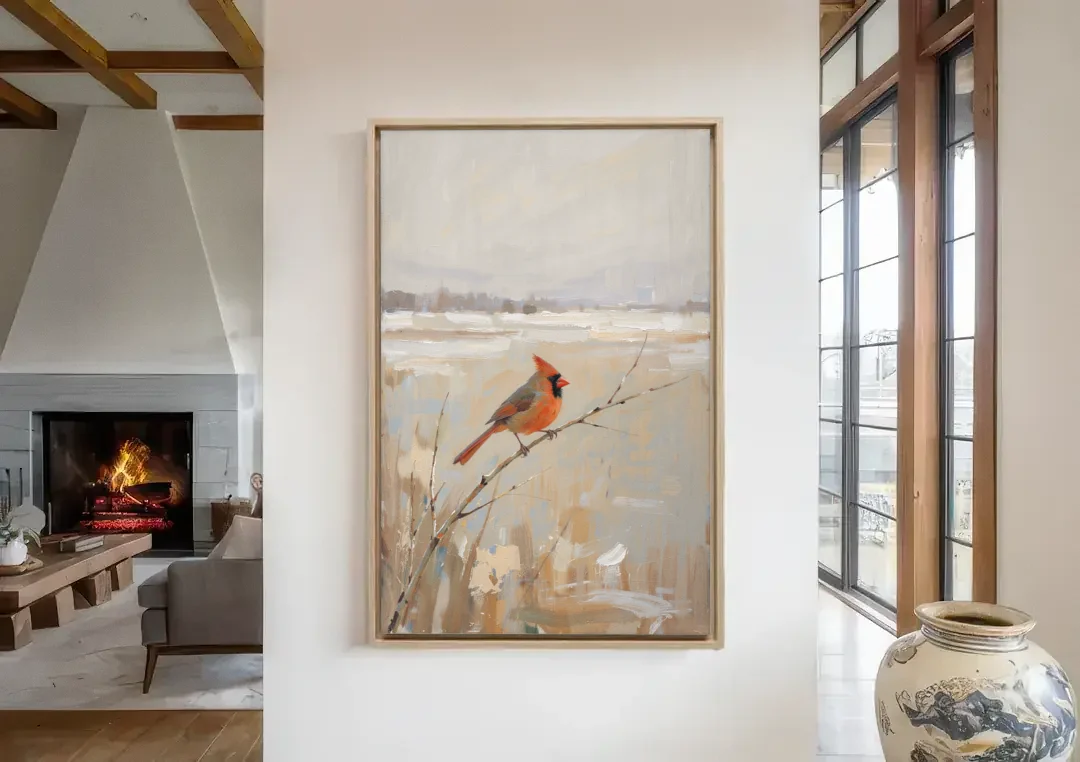 Neutral Christmas Willow Twig Cardinal canvas wall art in a living room with a fireplace