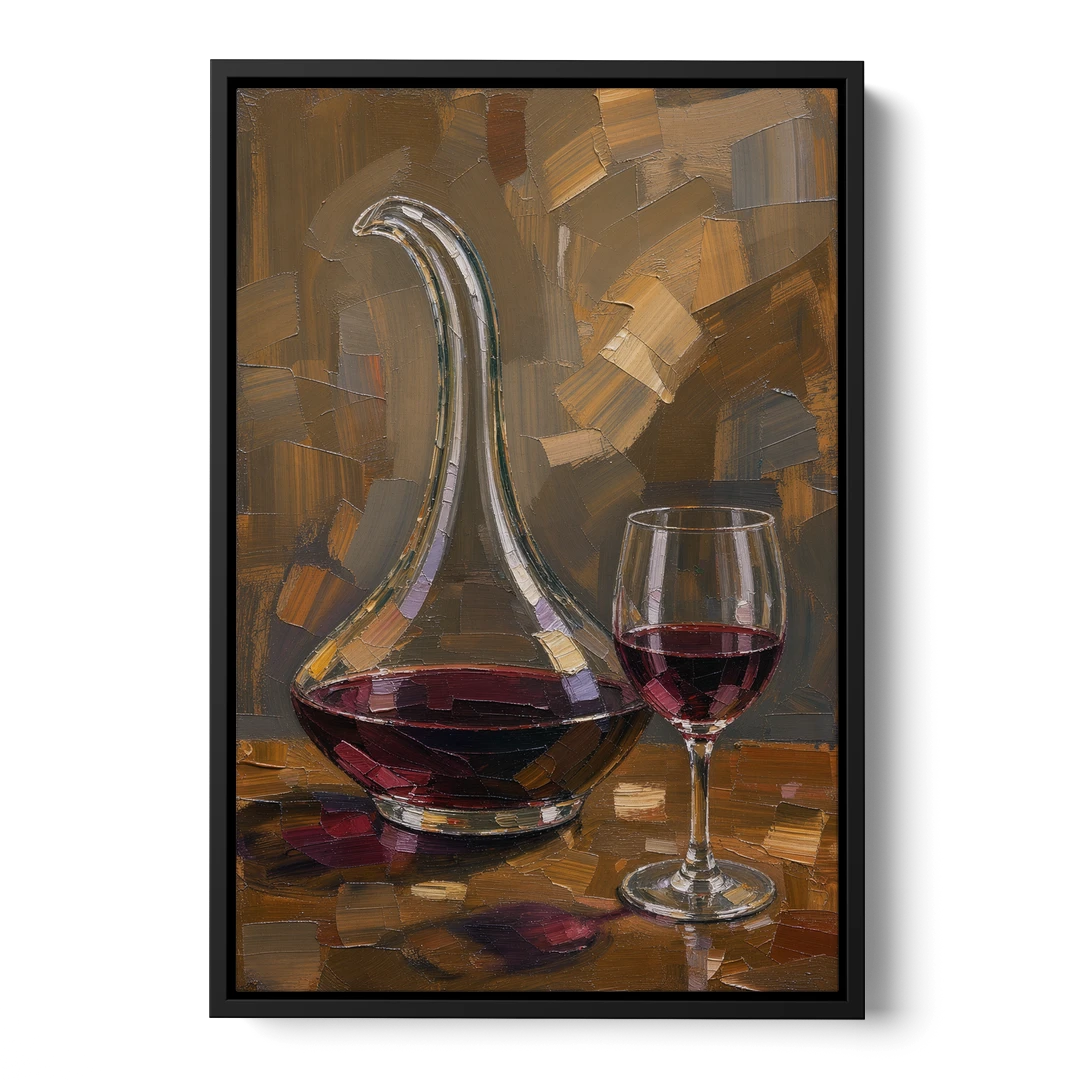 Wine Art Prints Swan Neck Decanter and Glass - Black Framed Canvas Wall Art - Front