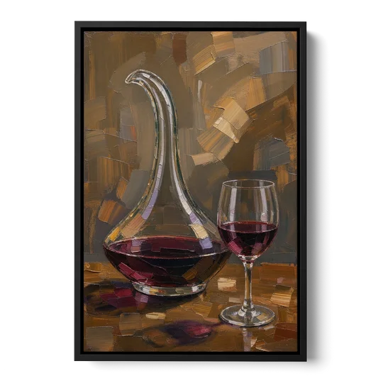 Wine Art Prints Swan Neck Decanter and Glass - Black Framed Canvas Wall Art - Front