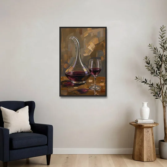 Wine Art Prints Swan Neck Decanter and Glass - Black Framed Canvas Wall Art - Sofa - 24x36